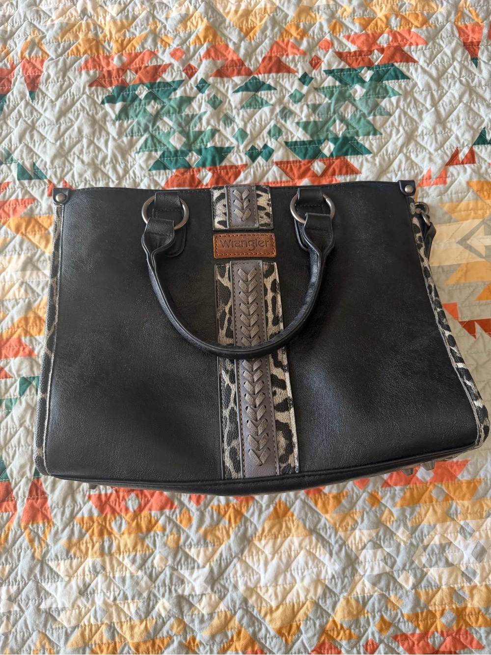 Wrangler Black Tote with Leopard-Accent Center Panel
